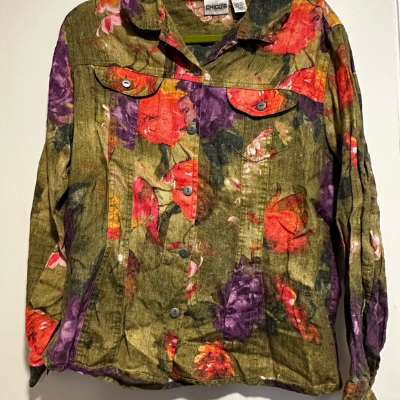 Chico's Linen Jacket Size 2 Multicolor Watercolor Floral Button Front. Pockets - Picture 7 of 14